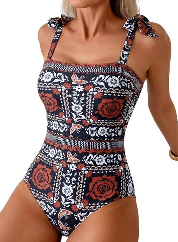 Herseas One Piece Swimsuit Women Modest Tummy Control Bathing Suit 2026 Boho Tie Knot Beach Slimming Swimwear in Kuwait