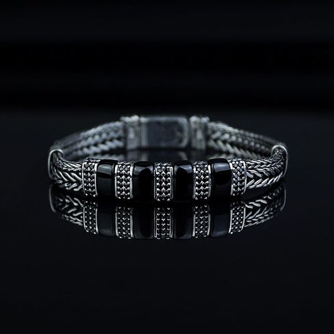 925 Sterling Silver Onyx Chain Bracelet, Onyx Link Chain Bracelet, Foxtail Chain Bracelet, Black Onyx Stone Bracelet, Gift For Men in Kuwait