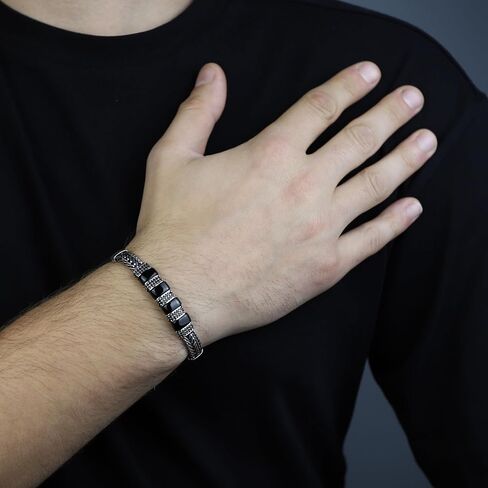 925 Sterling Silver Onyx Chain Bracelet, Onyx Link Chain Bracelet, Foxtail Chain Bracelet, Black Onyx Stone Bracelet, Gift For Men in Kuwait
