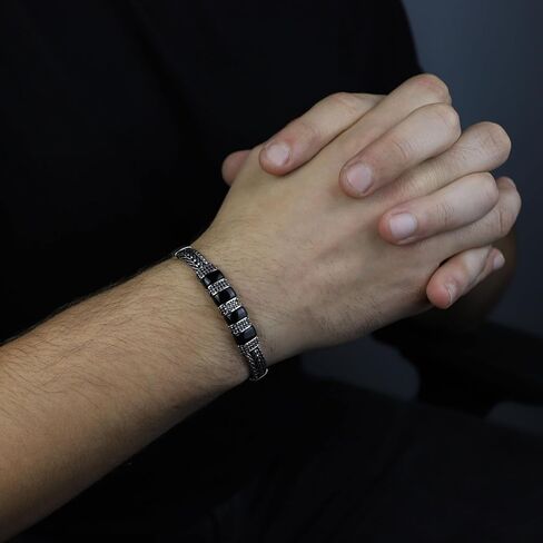 925 Sterling Silver Onyx Chain Bracelet, Onyx Link Chain Bracelet, Foxtail Chain Bracelet, Black Onyx Stone Bracelet, Gift For Men in Kuwait