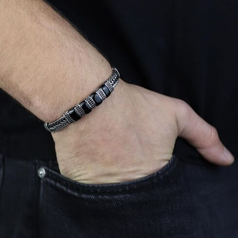 925 Sterling Silver Onyx Chain Bracelet, Onyx Link Chain Bracelet, Foxtail Chain Bracelet, Black Onyx Stone Bracelet, Gift For Men in Kuwait