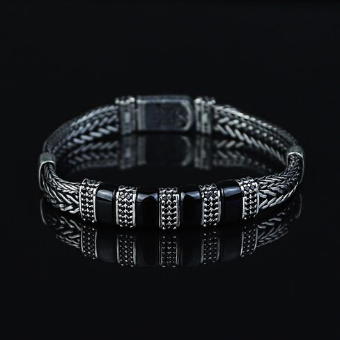 925 Sterling Silver Onyx Chain Bracelet, Onyx Link Chain Bracelet, Foxtail Chain Bracelet, Black Onyx Stone Bracelet, Gift For Men in Kuwait