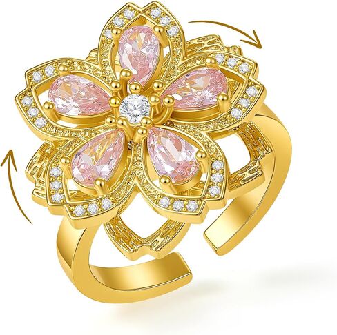 Cicy Bell Fidget Rings for Women 18K Gold Plated Rotatable Cherry Blossom Sparkly Cubic Zirconia Statement Finger Band Engagement Open Adjustable Ring Jewelry in Kuwait