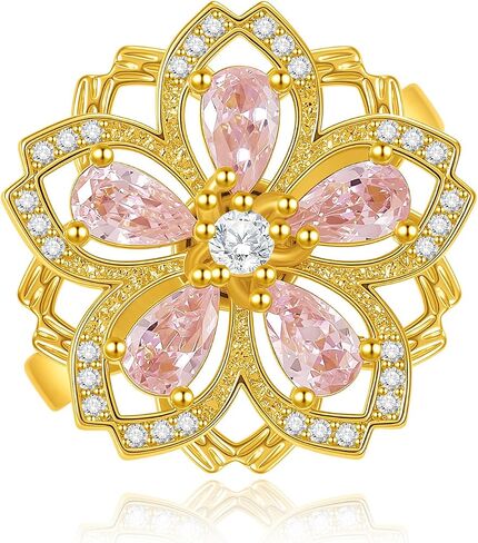 Cicy Bell Fidget Rings for Women 18K Gold Plated Rotatable Cherry Blossom Sparkly Cubic Zirconia Statement Finger Band Engagement Open Adjustable Ring Jewelry in Kuwait