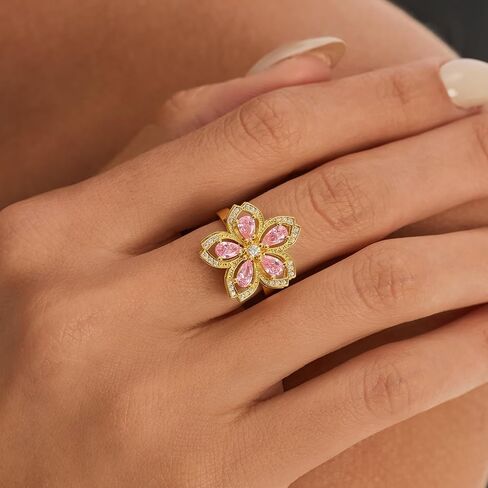 Cicy Bell Fidget Rings for Women 18K Gold Plated Rotatable Cherry Blossom Sparkly Cubic Zirconia Statement Finger Band Engagement Open Adjustable Ring Jewelry in Kuwait