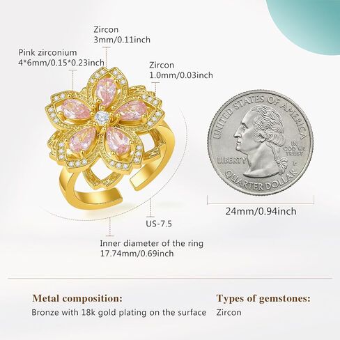 Cicy Bell Fidget Rings for Women 18K Gold Plated Rotatable Cherry Blossom Sparkly Cubic Zirconia Statement Finger Band Engagement Open Adjustable Ring Jewelry in Kuwait