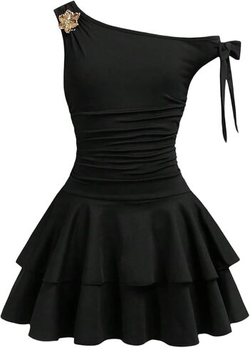 SHENHE Girl's Off The Shoulder Dress Ruffle Layered Ruched Metal Floral Bodycon Cute Party Dress in Kuwait