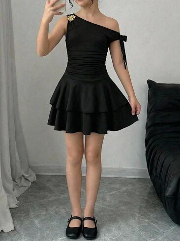 SHENHE Girl's Off The Shoulder Dress Ruffle Layered Ruched Metal Floral Bodycon Cute Party Dress in Kuwait