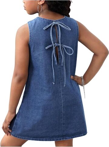 Floerns Girl's Cute Bow Tie Back Denim Dress Sleeveless Crew Neck Casual Tank Dresses in Kuwait