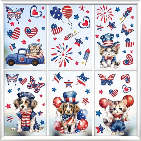 9PCS Patriotic Window Clings for Glass Windows Cute Dog Cat Window Decals Stickers 4th of July American Flag Memorial Day Window Clings Double-Sided Independence Day Window Decor for Home School Party in Saudi Arabia