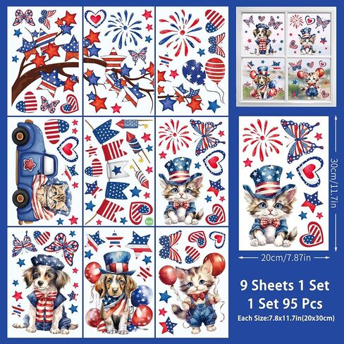 9PCS Patriotic Window Clings for Glass Windows Cute Dog Cat Window Decals Stickers 4th of July American Flag Memorial Day Window Clings Double-Sided Independence Day Window Decor for Home School Party in Saudi Arabia