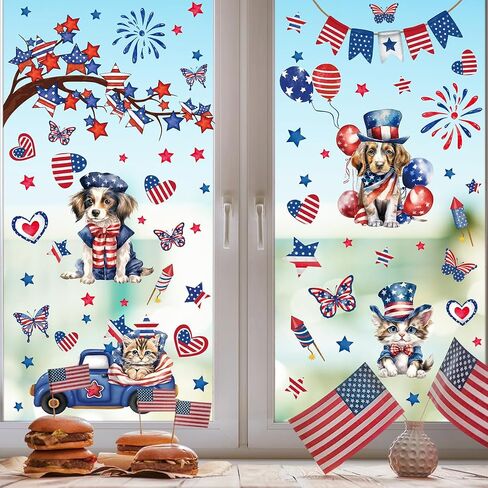 9PCS Patriotic Window Clings for Glass Windows Cute Dog Cat Window Decals Stickers 4th of July American Flag Memorial Day Window Clings Double-Sided Independence Day Window Decor for Home School Party in Saudi Arabia