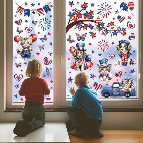 9PCS Patriotic Window Clings for Glass Windows Cute Dog Cat Window Decals Stickers 4th of July American Flag Memorial Day Window Clings Double-Sided Independence Day Window Decor for Home School Party in Saudi Arabia
