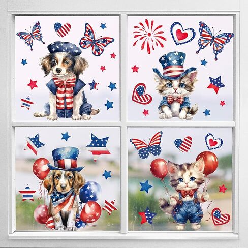 9PCS Patriotic Window Clings for Glass Windows Cute Dog Cat Window Decals Stickers 4th of July American Flag Memorial Day Window Clings Double-Sided Independence Day Window Decor for Home School Party in Saudi Arabia