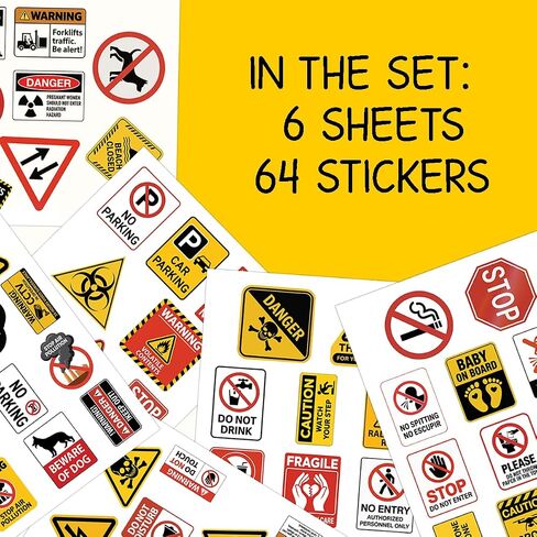 64PCS Warning & Safety Sign Stickers – Caution, Danger, No Entry & Security Vinyl Decals for Toolbox, Laptop, Helmet, Door & Workplace Labels in Kuwait