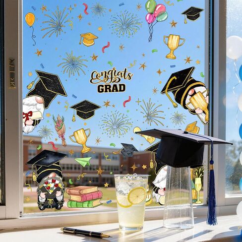 ZAWE 9 Sheets Gnome Congrats Grad Cap Firework Balloon Book Graduation Window Clings Double-Sided Reusable Static Window Decals Stickers for Party Home Classroom Office Decorations in Saudi Arabia
