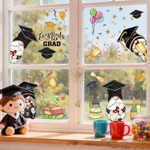 ZAWE 9 Sheets Gnome Congrats Grad Cap Firework Balloon Book Graduation Window Clings Double-Sided Reusable Static Window Decals Stickers for Party Home Classroom Office Decorations in Saudi Arabia