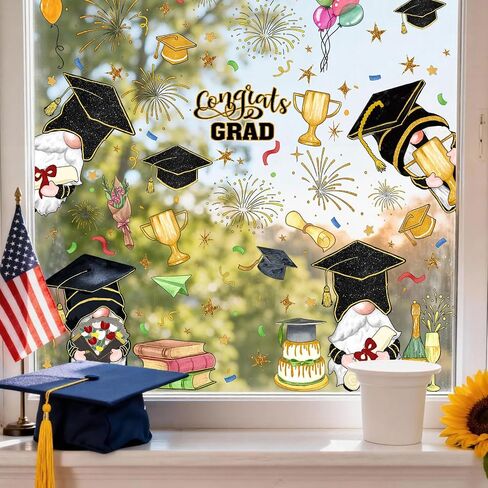 ZAWE 9 Sheets Gnome Congrats Grad Cap Firework Balloon Book Graduation Window Clings Double-Sided Reusable Static Window Decals Stickers for Party Home Classroom Office Decorations in Saudi Arabia