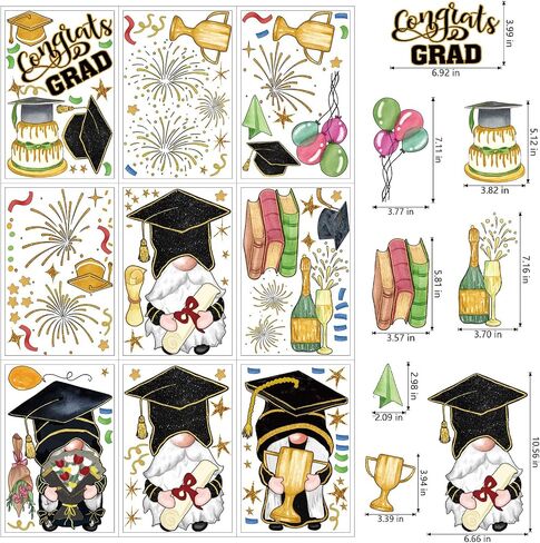 ZAWE 9 Sheets Gnome Congrats Grad Cap Firework Balloon Book Graduation Window Clings Double-Sided Reusable Static Window Decals Stickers for Party Home Classroom Office Decorations in Saudi Arabia