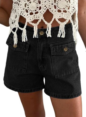 Astylish Womens Casual Jean Shorts High Waisted Flap Cargo Pockets Denim Shorts Stretchy Summer Hot Short Jorts in Kuwait