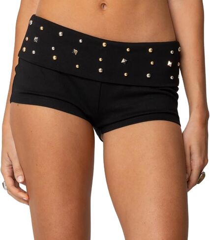 Women Y2K Studded Fold Over Mini Short Low Waist Slim Fit Skinny Micro Mini Shorts Sexy Bottoms Streetwear in Saudi Arabia
