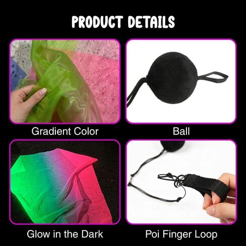 UV Blacklight Reactive Neon Veil Poi Set – Fluorescent Belly Dance Scarf Poi Streamer with Poi Balls for Stage Props, Festivals & Performances (Neon Aurora) in Saudi Arabia