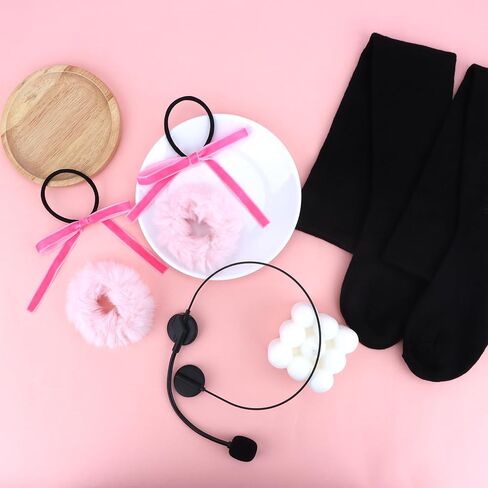 Pop Singer Costume Accessory Set - Fake Prop Headset Microphone, Black Thigh High Socks, Pink Furry Pom Pom Scrunchies & Bow Hair Ties for Halloween Costume 90s Theme Parties in Saudi Arabia