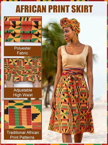 5 Pcs African Print Attire Skirt Head Wrap Set Bracelet Earring Kente Dress Black History Outfits for Women in Saudi Arabia