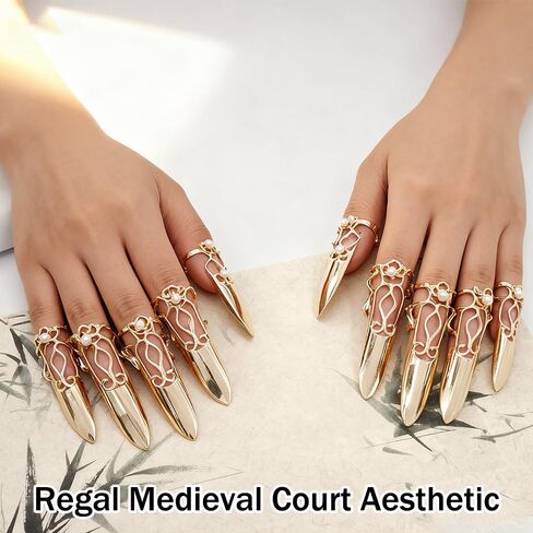 Ouliget Adjustable Fingernails,Middle Ages Court Style Queen Fingernail, Reusable Detachable Women Gift Ring Set,Cosplay Costume Drama Dance Show,10 Pieces in Kuwait