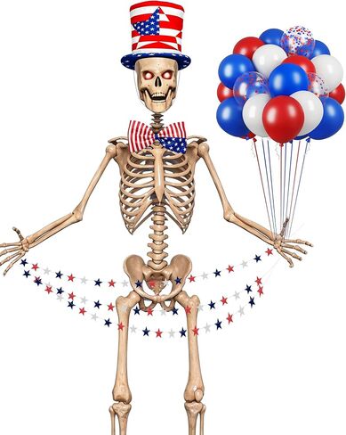 12 ft Skeleton Outfit Costume Accessories Set, 4th of July Decorations with 30pcs Red White Blue Balloons, Star Banner, American Flag Top Hat & Bow Tie for Giant Halloween Independence Day Yard Decor in Saudi Arabia