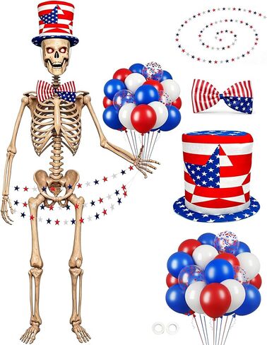 12 ft Skeleton Outfit Costume Accessories Set, 4th of July Decorations with 30pcs Red White Blue Balloons, Star Banner, American Flag Top Hat & Bow Tie for Giant Halloween Independence Day Yard Decor in Saudi Arabia
