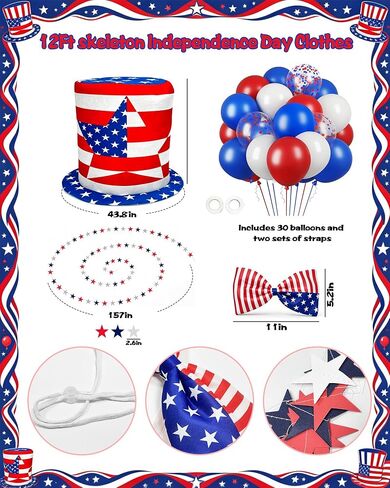 12 ft Skeleton Outfit Costume Accessories Set, 4th of July Decorations with 30pcs Red White Blue Balloons, Star Banner, American Flag Top Hat & Bow Tie for Giant Halloween Independence Day Yard Decor in Saudi Arabia