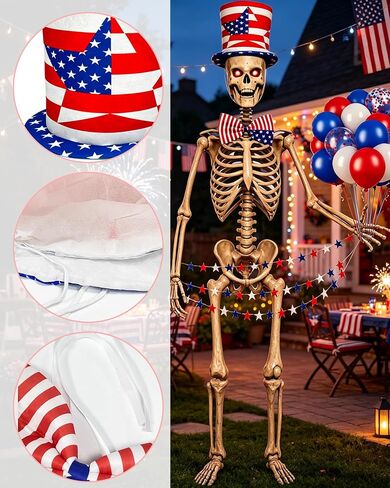 12 ft Skeleton Outfit Costume Accessories Set, 4th of July Decorations with 30pcs Red White Blue Balloons, Star Banner, American Flag Top Hat & Bow Tie for Giant Halloween Independence Day Yard Decor in Saudi Arabia