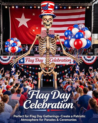 12 ft Skeleton Outfit Costume Accessories Set, 4th of July Decorations with 30pcs Red White Blue Balloons, Star Banner, American Flag Top Hat & Bow Tie for Giant Halloween Independence Day Yard Decor in Saudi Arabia