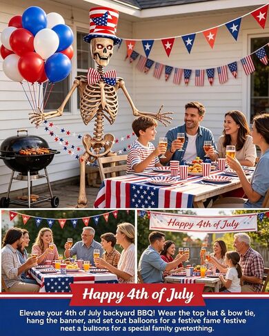 12 ft Skeleton Outfit Costume Accessories Set, 4th of July Decorations with 30pcs Red White Blue Balloons, Star Banner, American Flag Top Hat & Bow Tie for Giant Halloween Independence Day Yard Decor in Saudi Arabia