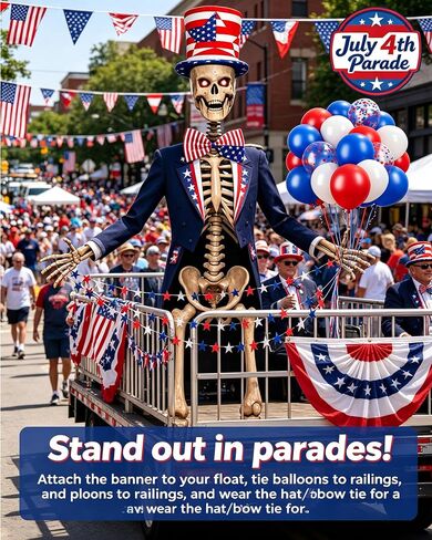 12 ft Skeleton Outfit Costume Accessories Set, 4th of July Decorations with 30pcs Red White Blue Balloons, Star Banner, American Flag Top Hat & Bow Tie for Giant Halloween Independence Day Yard Decor in Saudi Arabia