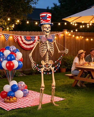 12 ft Skeleton Outfit Costume Accessories Set, 4th of July Decorations with 30pcs Red White Blue Balloons, Star Banner, American Flag Top Hat & Bow Tie for Giant Halloween Independence Day Yard Decor in Saudi Arabia