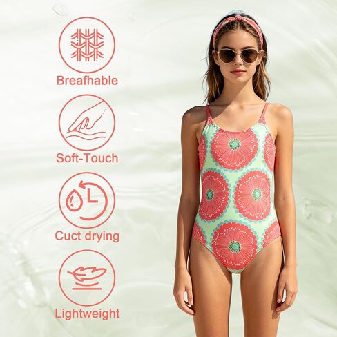 LUCKYLI Girls One-Piece Swimsuit 4-12Y, U-Neck, Sublimation Print, 4-Way Stretch, Adjustable Straps, Beach Pool Water Park in Kuwait
