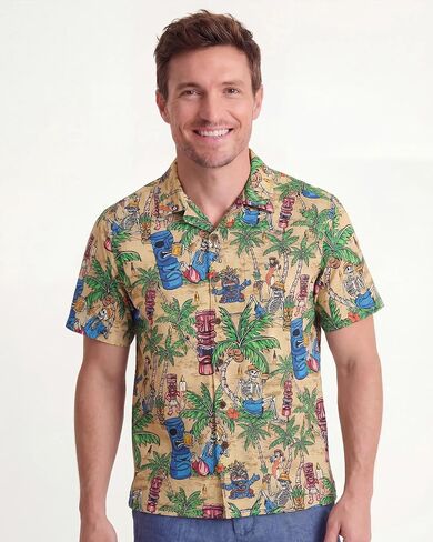 Men's Hawaiian Shirt Short Sleeve Camp Collar 100% Cotton Green Aloha Tiki Seaside Bash in Saudi Arabia