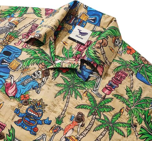 Men's Hawaiian Shirt Short Sleeve Camp Collar 100% Cotton Green Aloha Tiki Seaside Bash in Saudi Arabia