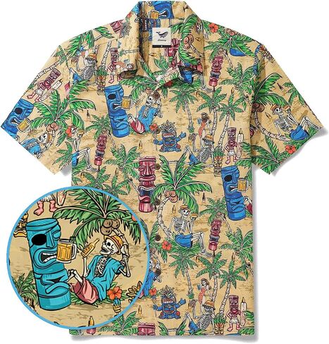 Men's Hawaiian Shirt Short Sleeve Camp Collar 100% Cotton Green Aloha Tiki Seaside Bash in Saudi Arabia