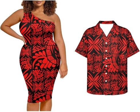 Puletasi Samoa Tribal Dress Match Short Sleeve Buttons Aloha Shirt Pattern Polynesian Matching Couple Outfits in Saudi Arabia