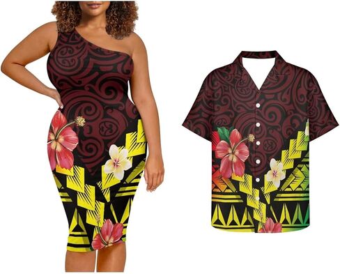 Puletasi Samoa Tribal Dress Match Short Sleeve Buttons Aloha Shirt Pattern Polynesian Matching Couple Outfits in Saudi Arabia