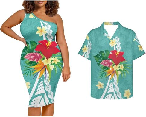 Puletasi Samoa Tribal Dress Match Short Sleeve Buttons Aloha Shirt Pattern Polynesian Matching Couple Outfits in Saudi Arabia