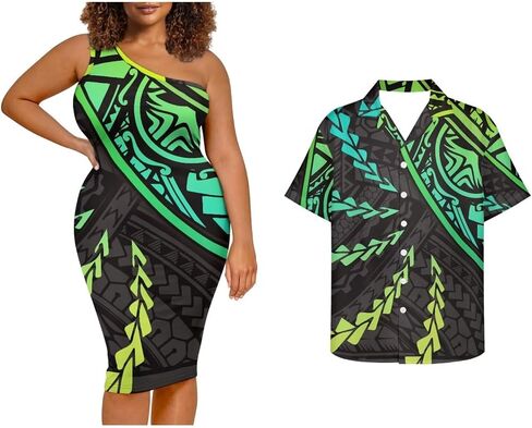 Puletasi Samoa Tribal Dress Match Short Sleeve Buttons Aloha Shirt Pattern Polynesian Matching Couple Outfits in Saudi Arabia