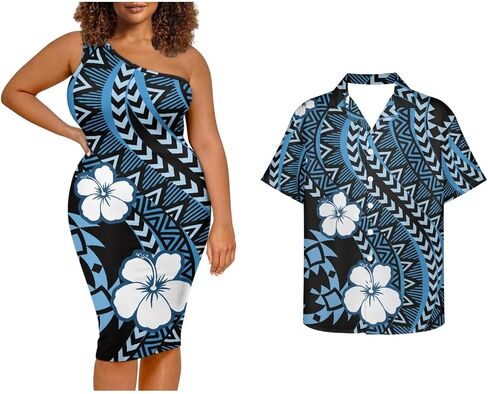 Puletasi Samoa Tribal Dress Match Short Sleeve Buttons Aloha Shirt Pattern Polynesian Matching Couple Outfits in Saudi Arabia