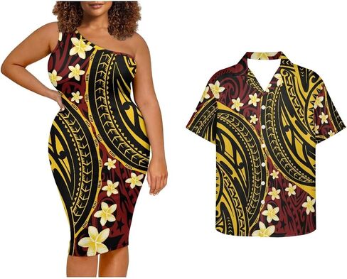 Puletasi Samoa Tribal Dress Match Short Sleeve Buttons Aloha Shirt Pattern Polynesian Matching Couple Outfits in Saudi Arabia