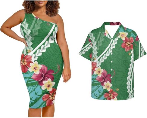 Puletasi Samoa Tribal Dress Match Short Sleeve Buttons Aloha Shirt Pattern Polynesian Matching Couple Outfits in Saudi Arabia
