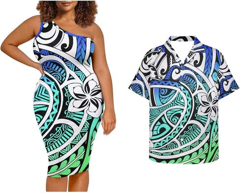 Puletasi Samoa Tribal Dress Match Short Sleeve Buttons Aloha Shirt Pattern Polynesian Matching Couple Outfits in Saudi Arabia