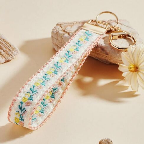 Angyape Embroidered Fabric Wristlet Keychain Cute Wrist Car Key Chain Holder Boho Accessories Handmade Gifts for Women in Kuwait